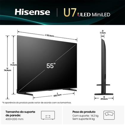 Imagem de Smart TV Hisense MiniLED 4K 55" Polegadas com Processador AI, Filmmaker Mode, Alexa e Wi-Fi - 55U7QG