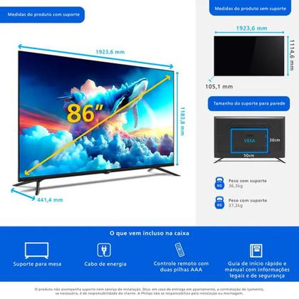 Imagem de Smart Tv Philips DLED 86 Polegadas 4K Wi-Fi Google TV Bordas Ultrafinas 86PUG7019/78