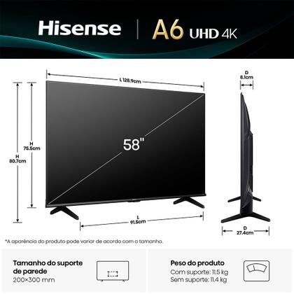 Imagem de Smart TV UHD 4K Hisense DLED 58” Polegadas com Sleep Timer, Entrada HDMI e Wi-Fi - 58A6NV