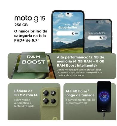 Imagem de Smartphone Celular Motorola Moto G15, 256GB, 4GB RAM, Android 15, Tela 6,72 IPS LCD, Câmera 50MP, Bateria 5200mAh, Dual SIM, Cinza