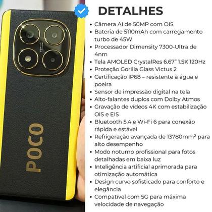 Imagem de Smartphone Celular Xiaomi POCO X7 5G 256GB 8GB NFC tela Amoled 120 Hz Câmera tripla 4K 50MP Desempenho Performance e Design Premium IP68 Dual SIM Chip