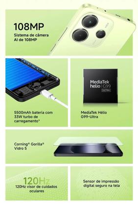 Imagem de Smartphone Celular Xiaomi Redmi Note 14 Lançamento 128GB 6GB Câmera 108MP 20MP Tela 6.67 AMOLED 120Hz FHD plus Design Premium Dual SIM Chip IP54 Dolby