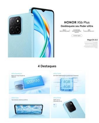 Imagem de Smartphone HONOR X5 B PLUS 256GB 8GB RAM 50MP Camera tela grande 6.7 90Hz Magic OS Resistente celular top 1 custo benefício