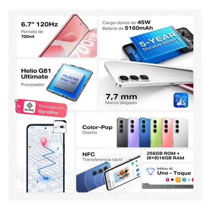 Imagem de Smartphone Infinix Hot 60i 8GB RAM 8GB Extended 256GB 4G Tela 6.7 120Hz Câmera 50MP NFC IP64 Prata
