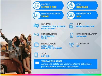 Imagem de Smartphone Infinix Smart 8 Pro 256GB Tela 6.6 4GB RAM Câmera Dupla 50MP - Dourado/Preto