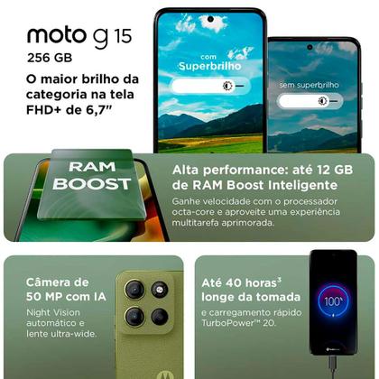 Smartphone Moto G15 256GB Verde Vegan Leather Tela 6.7 Câmera Dupla 50MP Selfie 8MP Dual Chip Android 15 Motorola Imagem de Smartphone Moto G15 256GB Verde Vegan Leather Tela 6.7 Câmera Dupla 50MP Selfie 8MP Dual Chip Android 15 Motorola