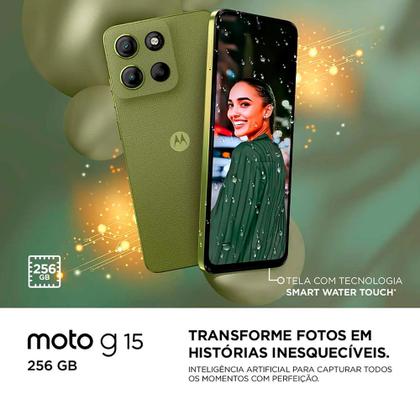 Smartphone Moto G15 256GB Verde Vegan Leather Tela 6.7 Câmera Dupla 50MP Selfie 8MP Dual Chip Android 15 Motorola Imagem de Smartphone Moto G15 256GB Verde Vegan Leather Tela 6.7 Câmera Dupla 50MP Selfie 8MP Dual Chip Android 15 Motorola