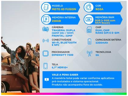Smartphone Motorola Edge 60 Fusion 256GB Rosa 5G 8GB RAM 6,7" Câm. Dupla + Selfie 32MP Imagem de Smartphone Motorola Edge 60 Fusion 256GB Rosa 5G 8GB RAM 6,7" Câm. Dupla + Selfie 32MP