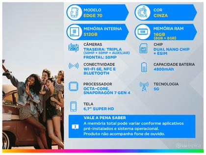 Imagem de Smartphone Motorola Edge 70 5G 512GB 24GB (12GB RAM + 12GB RAM Boost) Ultrafino 3 Câmeras 50MP Tela 1.5K Extreme Amoled 120Hz