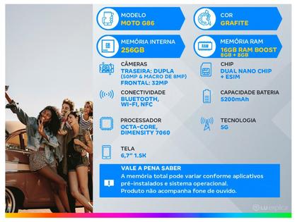 Imagem de Smartphone Motorola G86 256GB Grafite 5G 16GB de RAM 6,7" Câm. Dupla + Selfie 32MP