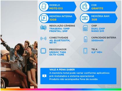 Imagem de Smartphone Motorola Moto E13 32GB Grafite 4G Octa-Core 2GB RAM 6,5" Câm. 13MP + Selfie 5MP Dual Chip
