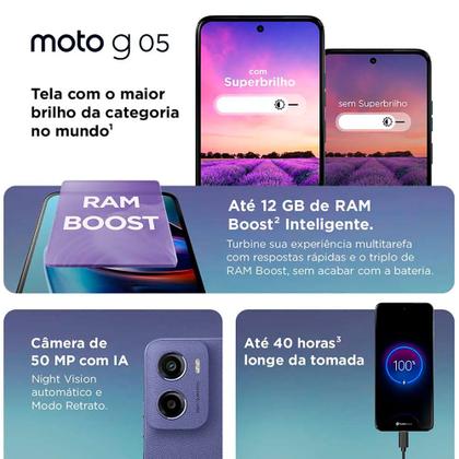 Smartphone Motorola Moto G05 128GB 12GB (4GB RAM + 8GB Ram Boost) Camera 50MP AI Bateria 5200 mAh Tela 6.7 Imagem de Smartphone Motorola Moto G05 128GB 12GB (4GB RAM + 8GB Ram Boost) Camera 50MP AI Bateria 5200 mAh Tela 6.7
