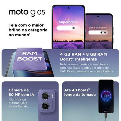 Imagem de Smartphone Motorola Moto G05 4G 128GB 4GB RAM + 8GB RAM Boost Câmera Traseira 50MP Frontal 8MP Tela 6.7" Violeta + Ubook - Livros Digitais