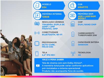 Imagem de Smartphone Motorola Moto G24 128GB Grafite 4GB + 4GB RAM Boost 6,6" Câm. Dupla + Selfie 8MP Dual Chip