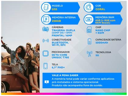 Imagem de Smartphone Motorola Moto G35 256GB Coral 5G 4GB RAM+8GB Ram Boost 5G 6,7" Câm. Dupla + Selfie 16MP