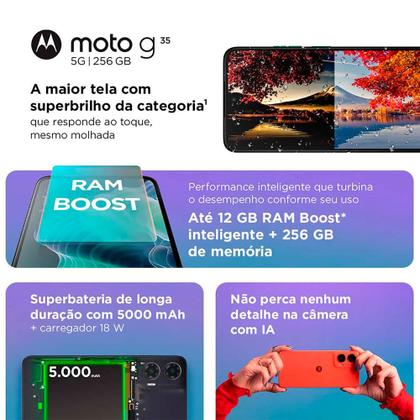 Imagem de Smartphone Motorola Moto G35 5G 256GB 12GB Ram Boost e Camera 50MP com AI NFC Tela 6.7 com Superbrilho