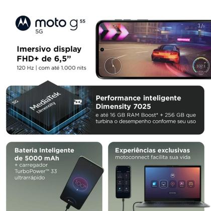 Smartphone Motorola Moto G55 5G 256GB 16GB RAM Boost Câmera Traseira Dupla 50MP + 8MP Selfie 16MP Tela 6.5" Preto Imagem de Smartphone Motorola Moto G55 5G 256GB 16GB RAM Boost Câmera Traseira Dupla 50MP + 8MP Selfie 16MP Tela 6.5" Preto