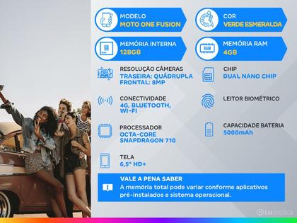 Imagem de Smartphone Motorola One Fusion 128GB Verde - Esmeralda 4GB RAM 6,5” Câm. Quádrupla + Selfie 8M