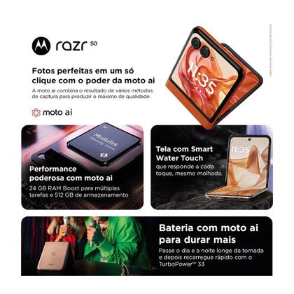 Imagem de Smartphone Motorola Razr 50 512GB, 12GB RAM, 12GB Ram Boost, Tela dobrável 6,9 pOLED e externa 3,6”, Moto AI camera, IPX8