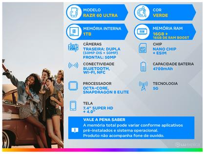 Imagem de Smartphone Motorola Razr 60 Ultra 1TB Verde 5G 32GB RAM 7" Câm. Dupla + Selfie 50MP