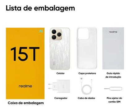 Imagem de Smartphone Realme 15T 5G  256GB 8GB RAM  Câmera 50MP IA Edit  Bateria 6650mAh  Chipset Dimensity 6400 MAX 5G  IP69