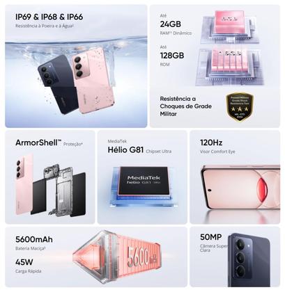 Imagem de Smartphone Realme C75X 256GB 128GB 16GB RAM BOOST IP69 Prova dágua 5600mAh Câmera dupla 50MP Celular Resistente e Poderoso com Design Premium