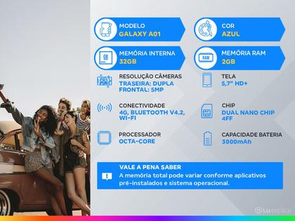 Imagem de Smartphone Samsung Galaxy A01 32GB Azul Octa-Core - 2GB RAM Tela 5,7” Câm. Dupla + Câm. Selfie 5M