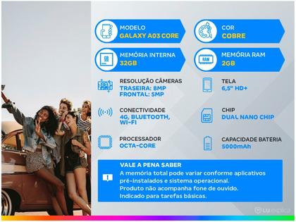 Imagem de Smartphone Samsung Galaxy A03 Core 32GB Cobre Octa-Core 4G 2GB RAM 6,5” Câm. 8MP + Selfie 5M