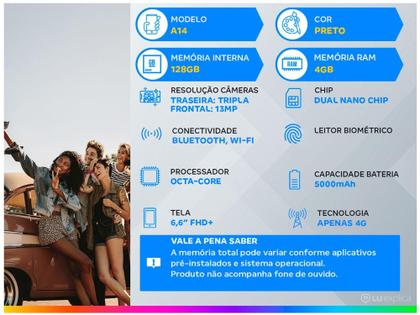 Imagem de Smartphone Samsung Galaxy A14 128GB Preto 4G Octa-C 4GB RAM 6,6" Câm. Tripla + Selfie 13MP Dual Chip