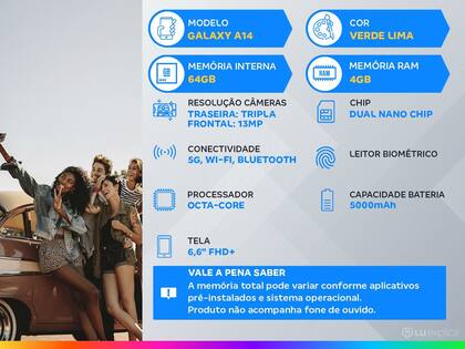 Imagem de Smartphone Samsung Galaxy A14 5G, 64GB, 4GB RAM, Octa Core, Câmera Tripla Traseira 50MP, Tela Infinita de 6.6, Verde Lima - SM-A146MLGNZTO