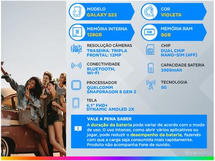 Imagem de Smartphone Samsung Galaxy S23 128GB Violeta 5G 8GB RAM 6,1” Câm Tripla + Selfie 12MP