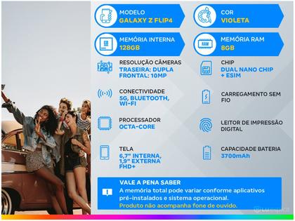 Imagem de Smartphone Samsung Galaxy Z Flip4 128GB Violeta 5G Octa-Core 8GB RAM Câm. Dupla + Selfie 10MP