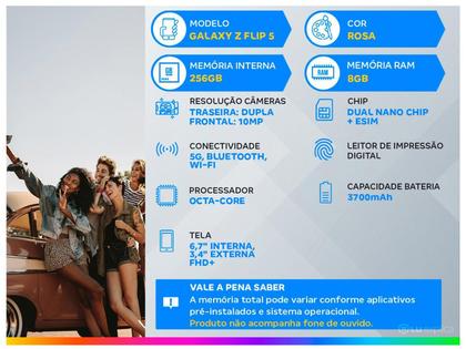 Imagem de Smartphone Samsung Z Flip 5 256GB Rosa 5G Snapdragon 8GB RAM 6,7" Câm. Dupla + Selfie 10MP Dual Chip