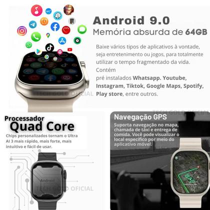 Imagem de  Smartwatch Ultra 5G Sistema Android 64GB Chip Câmera Integrada Celular de pulso WiFi 49mm 2025 4 Pulseiras