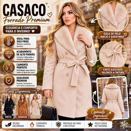 Imagem de Sobretudo Feminino Casaco Jaqueta Lã Batida Com Gola De Pelúcia Europeu Inverno Parka Longo Elegante