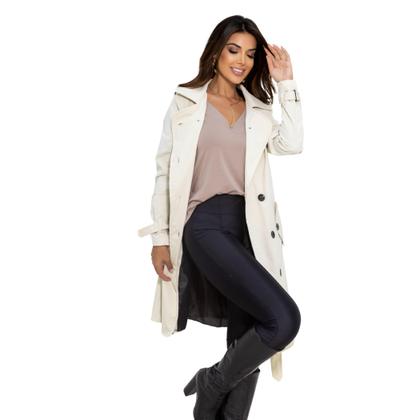 Imagem de Sobretudo Feminino Casaco Maxi Blazer Longo Social Forrado Com Cinto Modelo Executivo