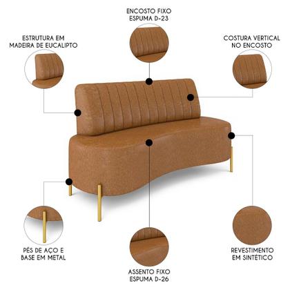 Imagem de Sofá 2 Lugares 160cm Pés Aço Dourado Tamar Sintético Camel Z08 - Mpozenato