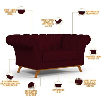 Imagem de Sofá 2 Lugares Império 150 Cm Veludo Marsala C-278