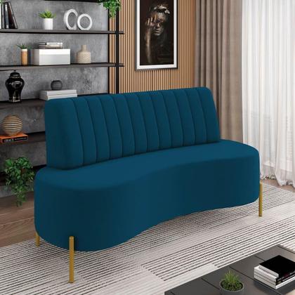 Imagem de Sofá 2 Lugares Living 135cm Pé Ferro Dourado Maraú Veludo Azul Mnh K01 - D'rossi