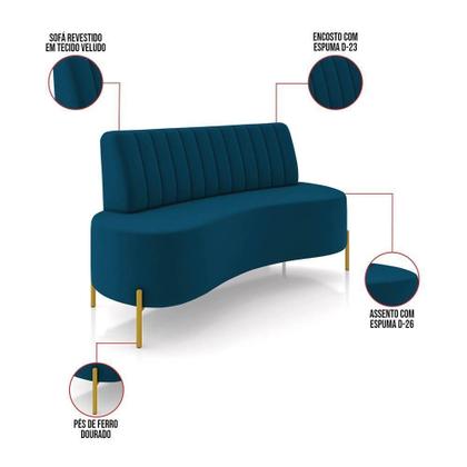 Imagem de Sofá 2 Lugares Living 135cm Pé Ferro Dourado Maraú Veludo Azul Mnh K01 - D'rossi
