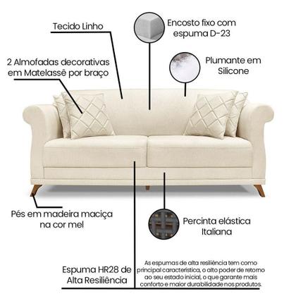 Imagem de Sofá 2 Lugares Pé De Madeira Julieta 180 Cm Linho Natural S04 - D'rossi