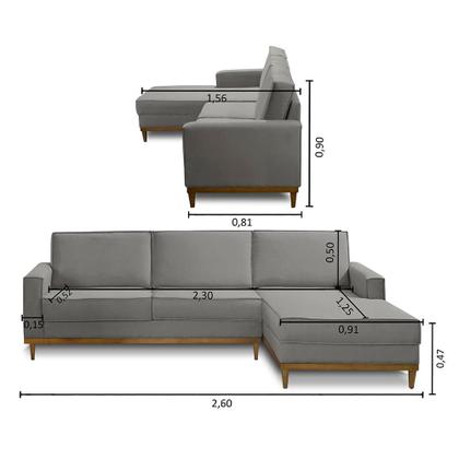 Imagem de Sofá 3 Lugares 2,60m Living com Chaise Lavinia Linho Cinza Adonai Estofados