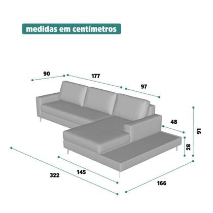 Imagem de Sofá 3 Lugares 3,22m com Chaise Direito e Mesa Apoio Lateral Living Fixo em Linho Loft