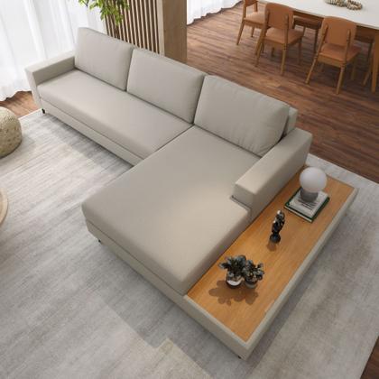 Imagem de Sofá 3 Lugares 3,22m com Chaise Direito e Mesa Apoio Lateral Living Fixo em Linho Loft