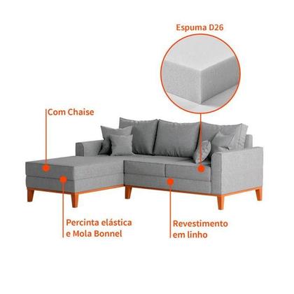Imagem de Sofá 3 Lugares Bacalar Com Chaise Esquerdo Linho Cinza