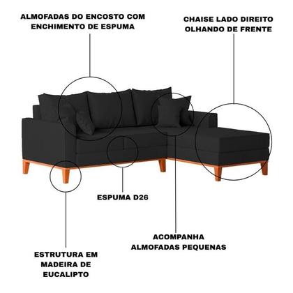 Imagem de Sofá 3 Lugares Beny com Chaise Direito Linho Preto