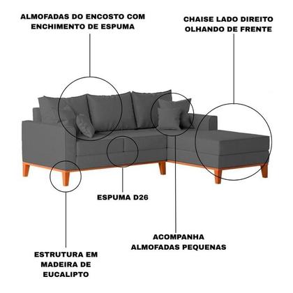 Imagem de Sofá 3 Lugares Beny com Chaise Direito Suede Cinza