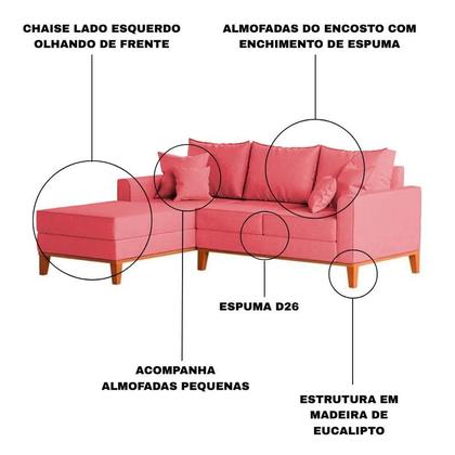 Imagem de Sofá 3 Lugares Beny com Chaise Esquerdo Suede Rosa