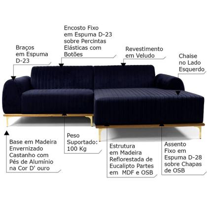 Sofá 3 Lugares com Chaise Esquerdo Base de Madeira Euro 245 cm Veludo Azul - Gran Belo Imagem de Sofá 3 Lugares com Chaise Esquerdo Base de Madeira Euro 245 cm Veludo Azul - Gran Belo