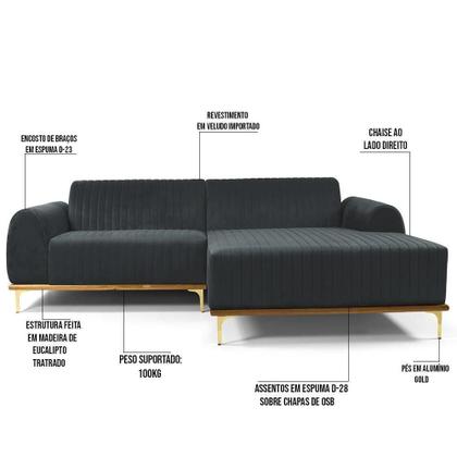 Imagem de Sofá 3 Lugares Com Chaise Molino 245 Cm Cinza C-317